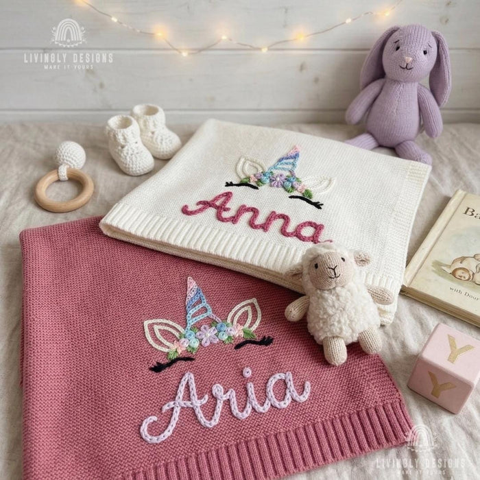 Personalized Baby Girl Blanket: Custom Unicorn Design with Embroidered Name Detail