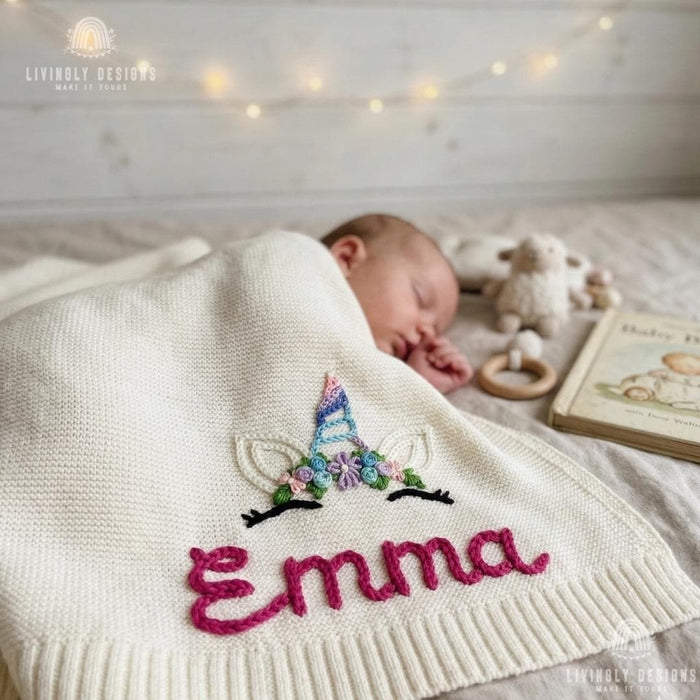Personalized Baby Girl Blanket: Custom Unicorn Design with Embroidered Name Detail