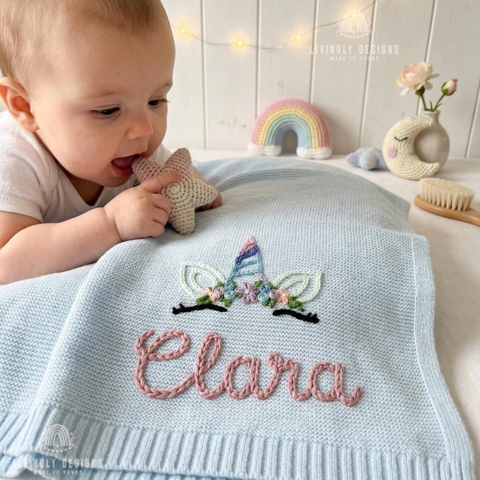 Personalized Baby Girl Blanket: Custom Unicorn Design with Embroidered Name Detail