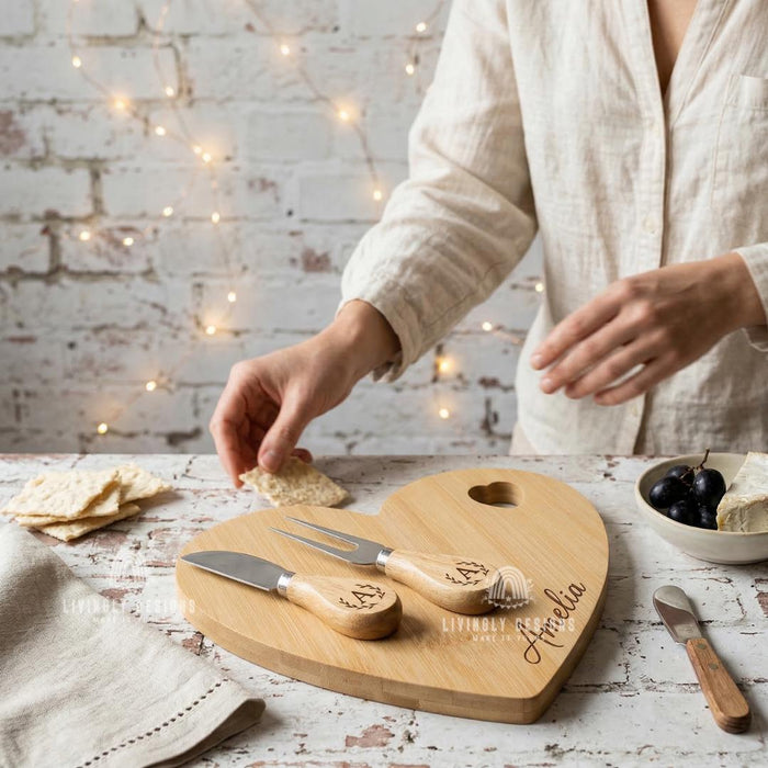 Custom Engraved Heart Cheese Board Set with Tools