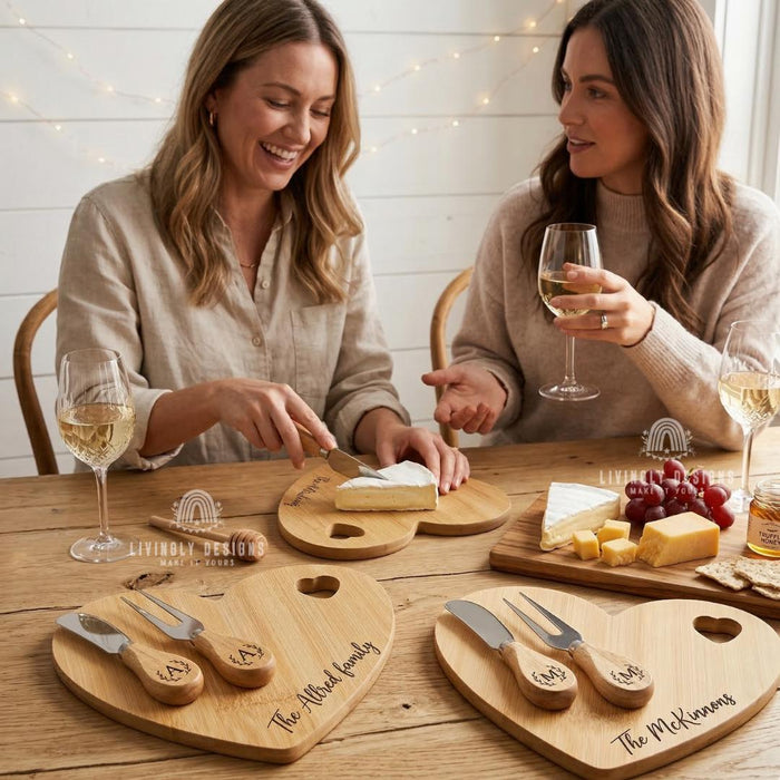 Custom Engraved Heart Cheese Board Set with Tools