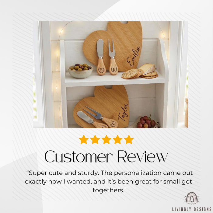 Custom Engraved Heart Cheese Board Set with Tools