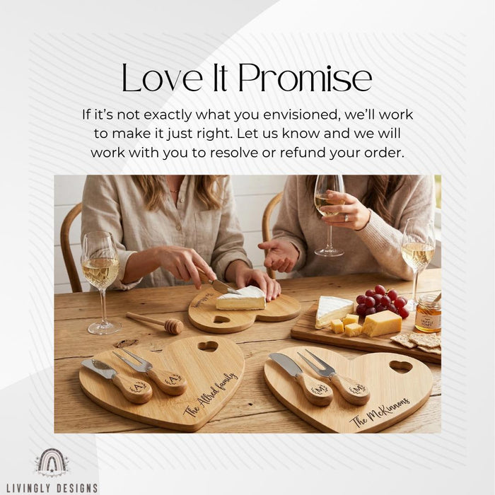 Custom Engraved Heart Cheese Board Set with Tools