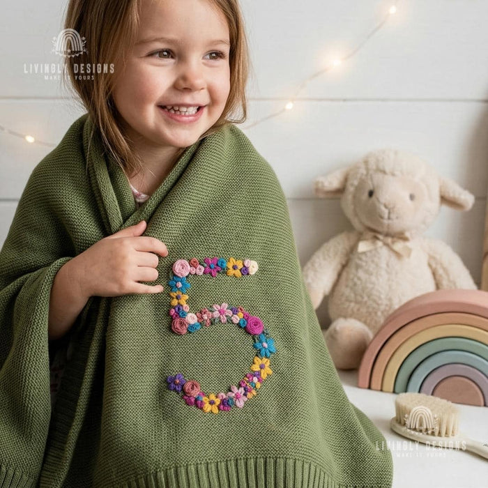 Custom Floral Number Knit Blanket Baby Milestone