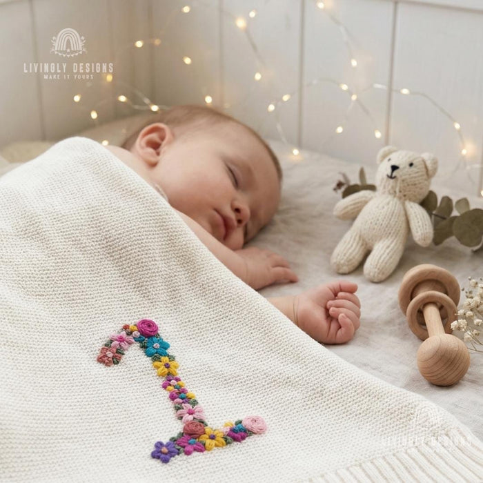 Custom Floral Number Knit Blanket Baby Milestone