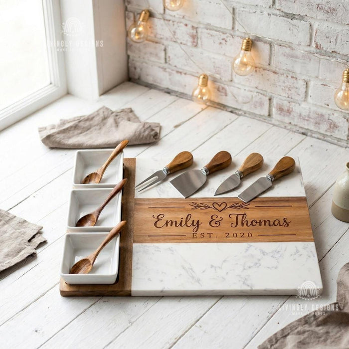Custom Marble And Wood Charcuterie Board Set with Cheese Knives