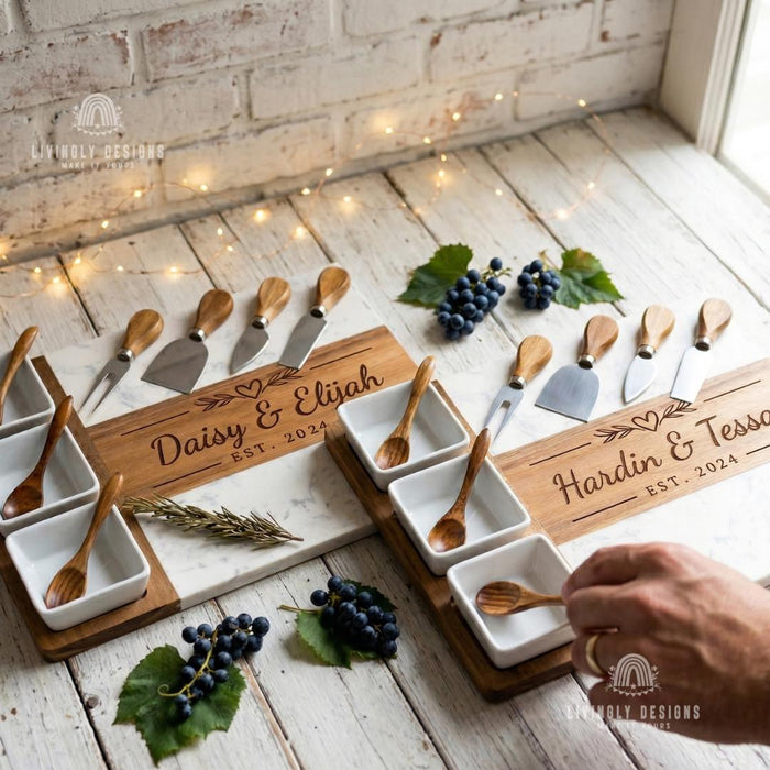 Custom Marble And Wood Charcuterie Board Set with Cheese Knives