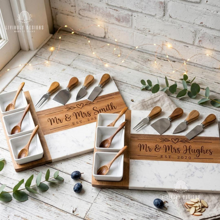 Custom Marble And Wood Charcuterie Board Set with Cheese Knives