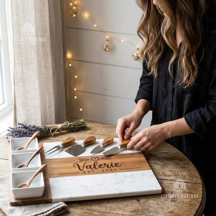 Custom Marble And Wood Charcuterie Board Set with Cheese Knives