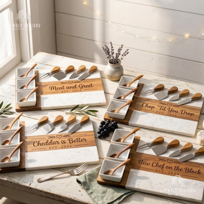 Custom Marble And Wood Charcuterie Board Set with Cheese Knives