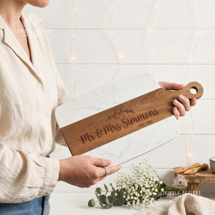 Personalized Acacia Wood Marble Serving Board, Luxury Charcuterie Tray with Handle