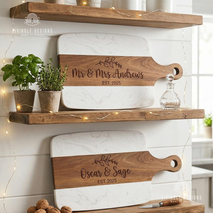 Personalized Acacia Wood Marble Serving Board, Luxury Charcuterie Tray with Handle