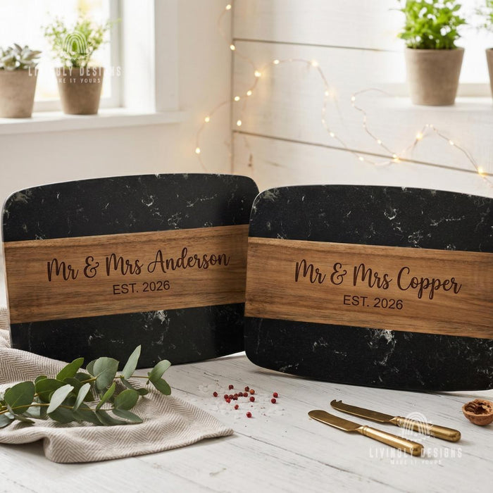 Personalized Acacia Wood Marble Serving Board, Luxury Charcuterie Tray with Handle