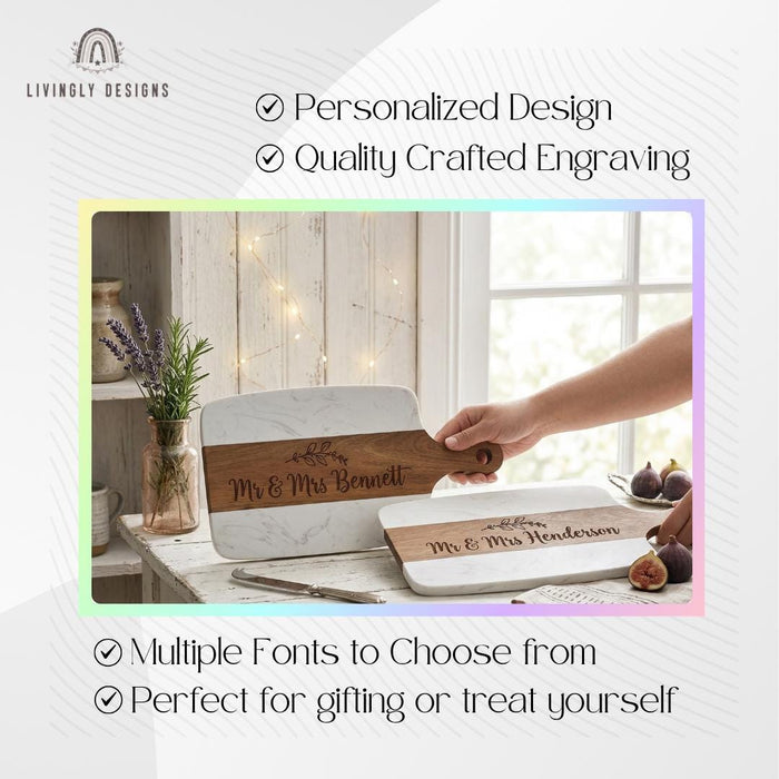 Personalized Acacia Wood Marble Serving Board, Luxury Charcuterie Tray with Handle