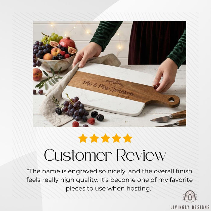 Personalized Acacia Wood Marble Serving Board, Luxury Charcuterie Tray with Handle