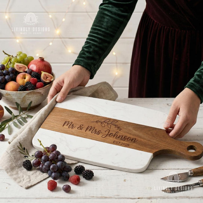 Personalized Acacia Wood Marble Serving Board, Luxury Charcuterie Tray with Handle