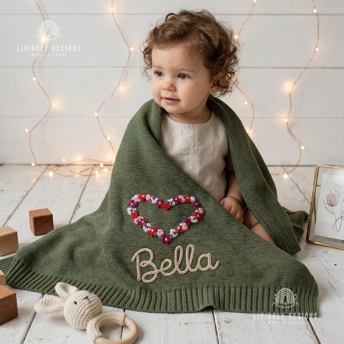 Floral Heart Blanket Personalized: Custom Baby Gift Soft Cozy Keepsake