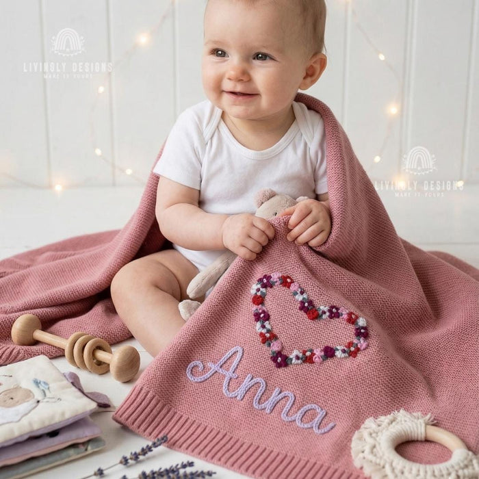 Floral Heart Blanket Personalized: Custom Baby Gift Soft Cozy Keepsake