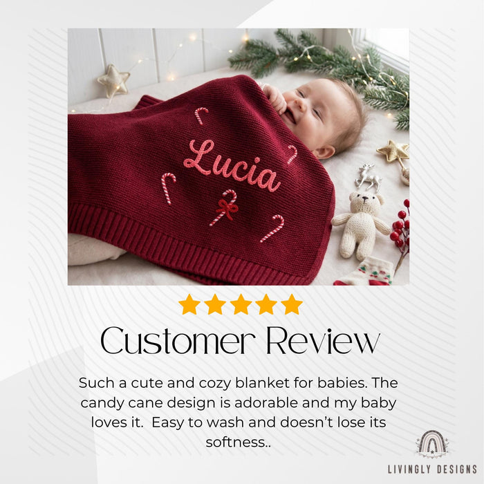 Custom Name Christmas Baby Blanket: Knit Candy Cane Design Soft Keepsake