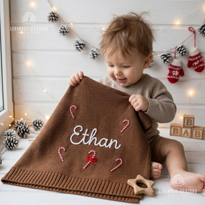 Custom Name Christmas Baby Blanket: Knit Candy Cane Design Soft Keepsake
