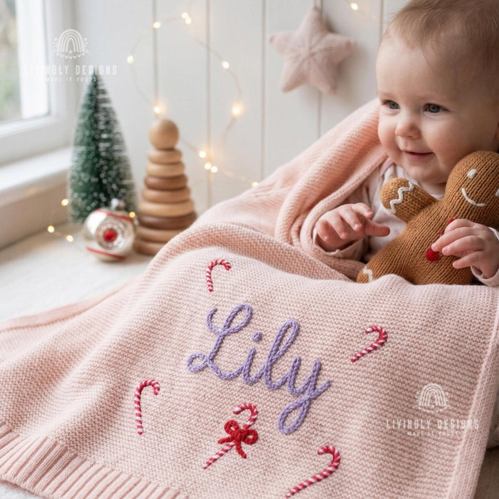 Custom Name Christmas Baby Blanket: Knit Candy Cane Design Soft Keepsake