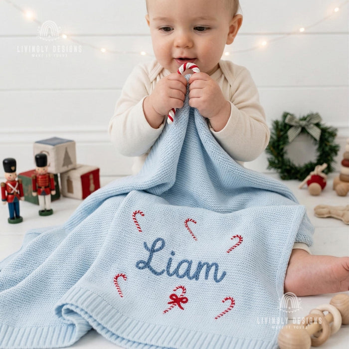 Custom Name Christmas Baby Blanket: Knit Candy Cane Design Soft Keepsake