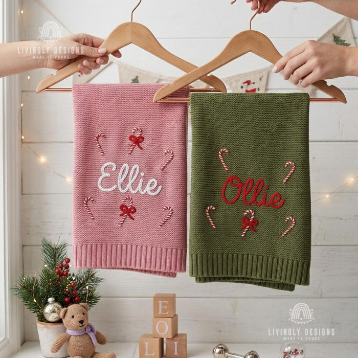 Custom Name Christmas Baby Blanket: Knit Candy Cane Design Soft Keepsake