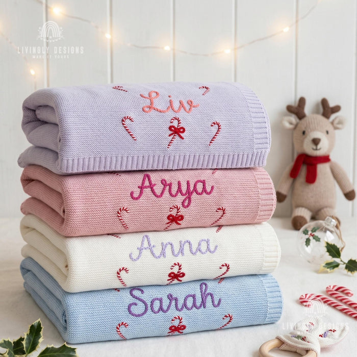 Custom Name Christmas Baby Blanket: Knit Candy Cane Design Soft Keepsake