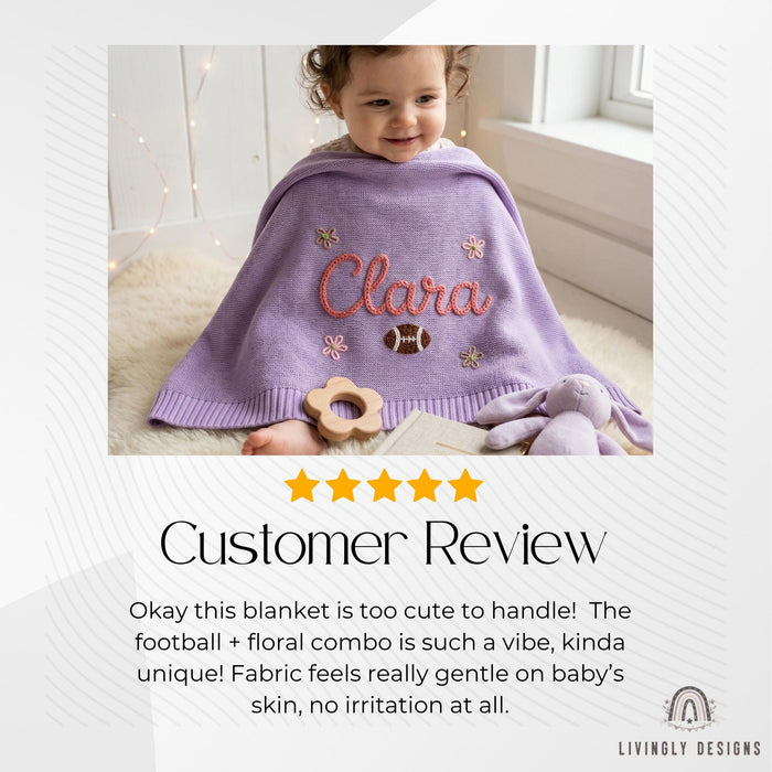 Personalized Football Knit Baby Blanket, Custom Name Embroidery, Soft Newborn Keepsake