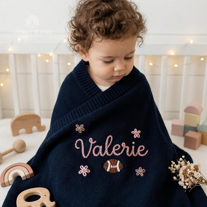 Personalized Football Knit Baby Blanket, Custom Name Embroidery, Soft Newborn Keepsake