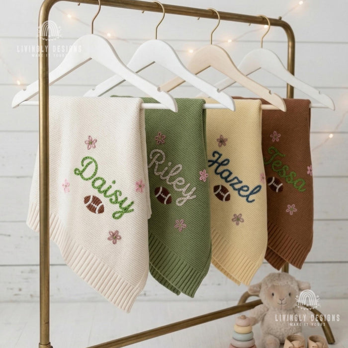 Personalized Football Knit Baby Blanket, Custom Name Embroidery, Soft Newborn Keepsake