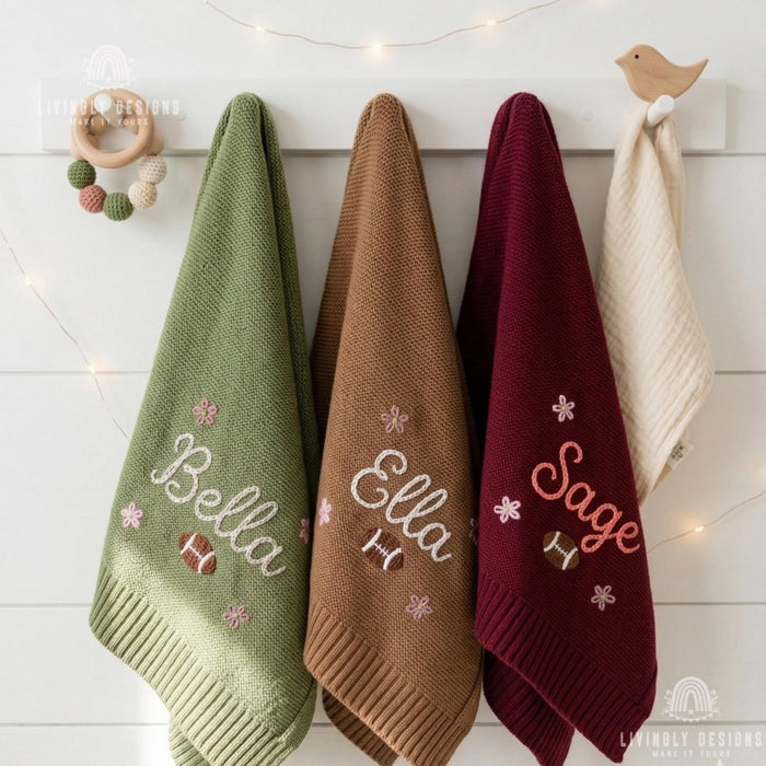 Personalized Football Knit Baby Blanket, Custom Name Embroidery, Soft Newborn Keepsake