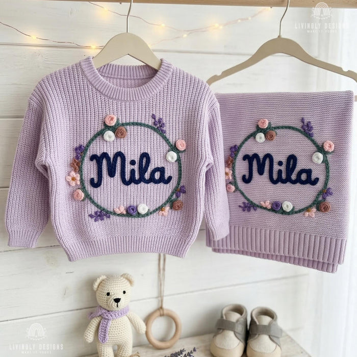 Personalized Knit Sweater Blanket Set Botanical Name Bundle