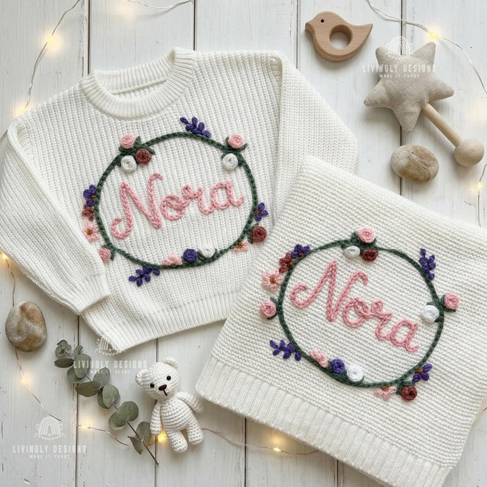 Personalized Knit Sweater Blanket Set Botanical Name Bundle