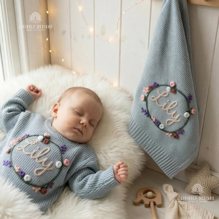 Personalized Knit Sweater Blanket Set Botanical Name Bundle