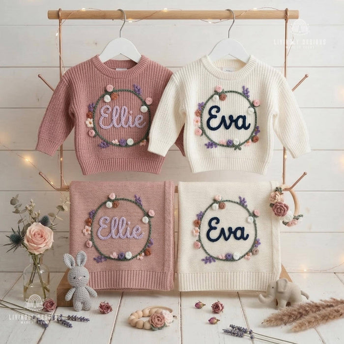 Personalized Knit Sweater Blanket Set Botanical Name Bundle