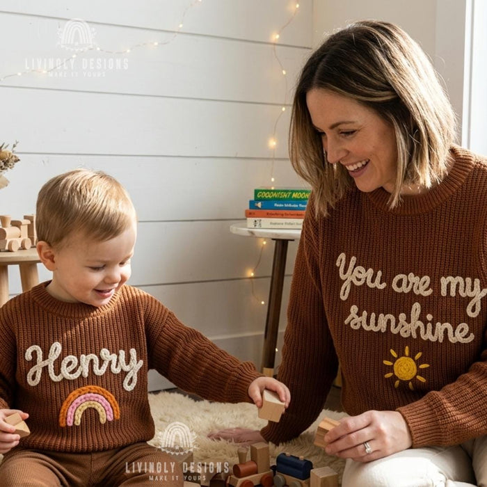 Custom "You Are My Sunshine" Mom and Kids Sweaters | Matching Mother & Child Knit Outfit