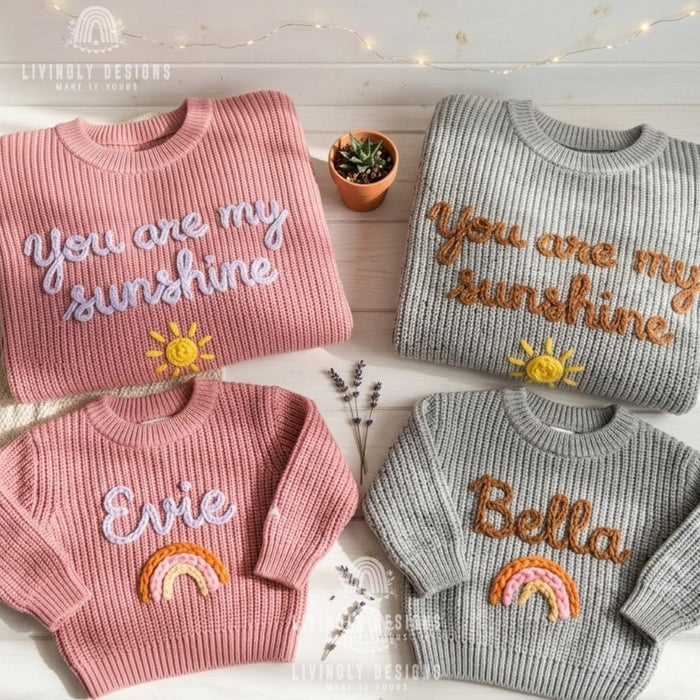 Custom "You Are My Sunshine" Mom and Kids Sweaters | Matching Mother & Child Knit Outfit