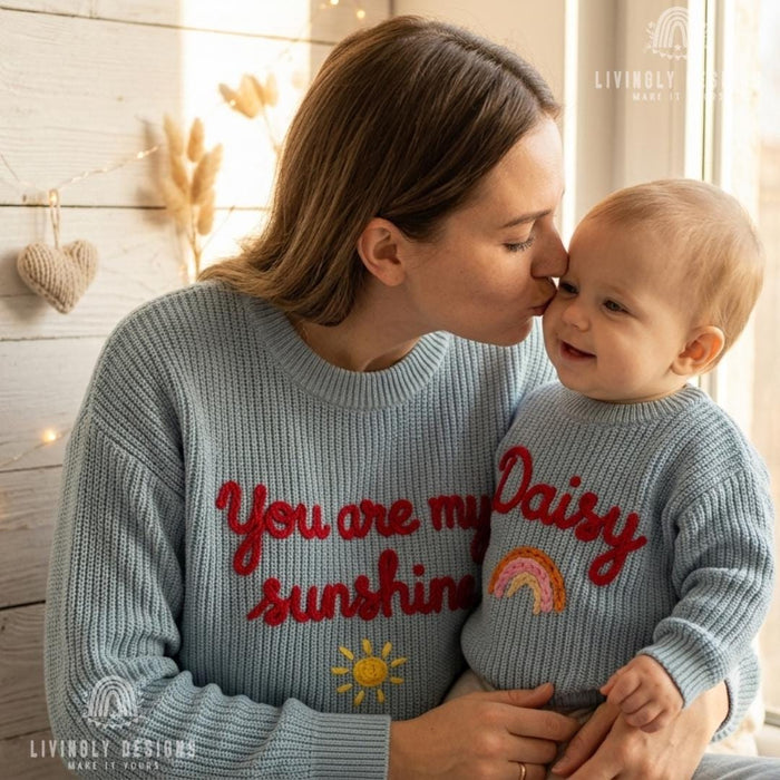 Custom "You Are My Sunshine" Mom and Kids Sweaters | Matching Mother & Child Knit Outfit