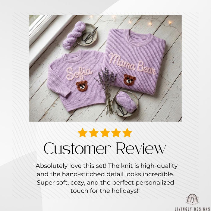 Custom Mama Bear and Cub Matching Sweaters | Personalized Bear Name Knit Jumper