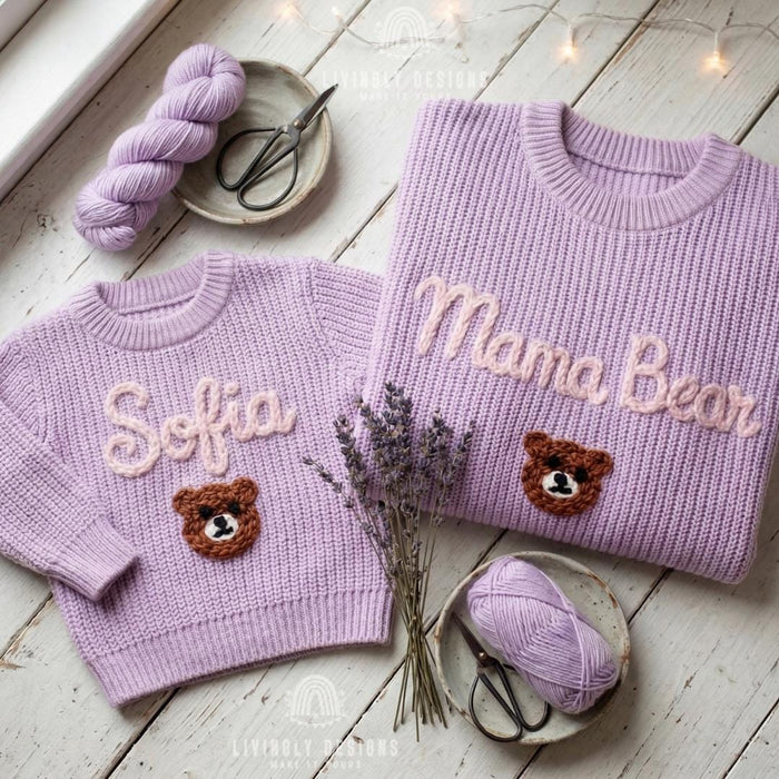Custom Mama Bear and Cub Matching Sweaters | Personalized Bear Name Knit Jumper