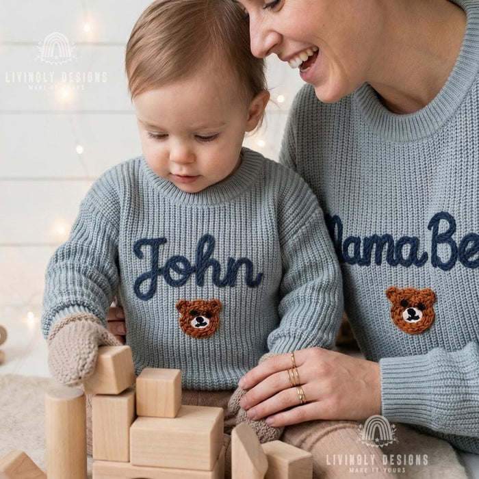Custom Mama Bear and Cub Matching Sweaters | Personalized Bear Name Knit Jumper