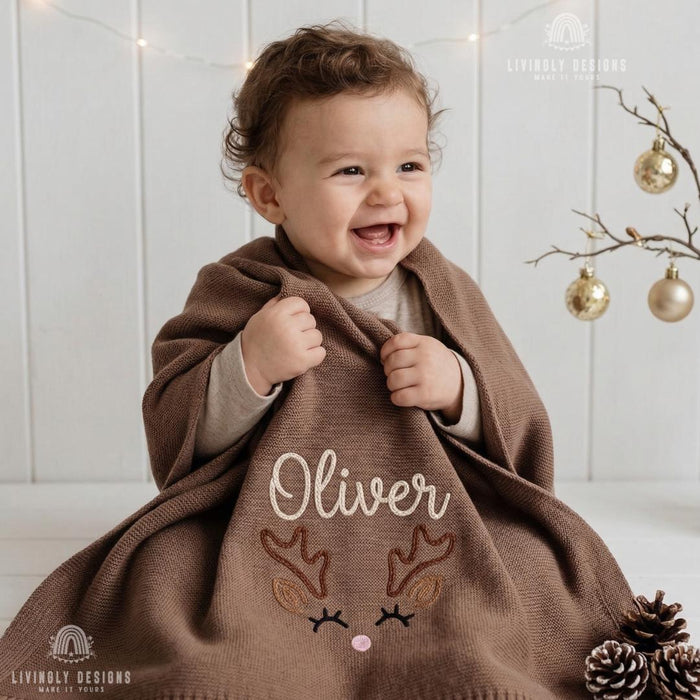 Custom Reindeer Name Blanket – Soft Personalized Baby Knit Gift