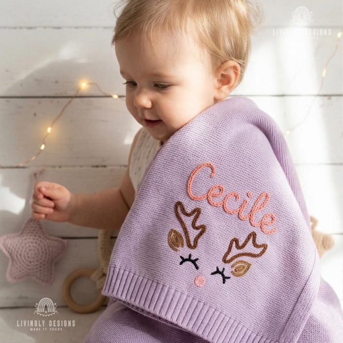 Custom Reindeer Name Blanket – Soft Personalized Baby Knit Gift
