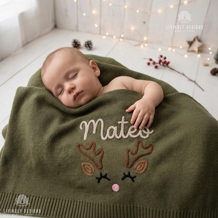 Custom Reindeer Name Blanket – Soft Personalized Baby Knit Gift