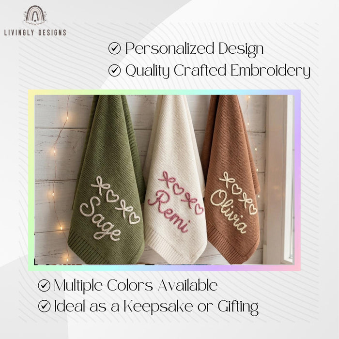 Custom Name Knit Blanket: Cute Bows and Hearts Design with Cozy Personalized Touch