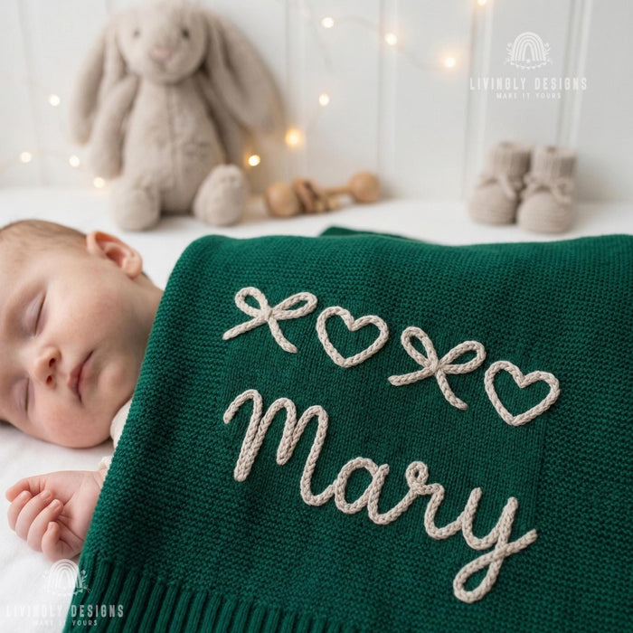 Custom Name Knit Blanket: Cute Bows and Hearts Design with Cozy Personalized Touch