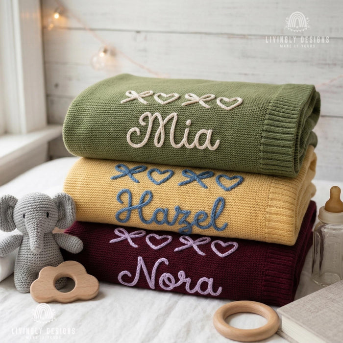 Custom Name Knit Blanket: Cute Bows and Hearts Design with Cozy Personalized Touch