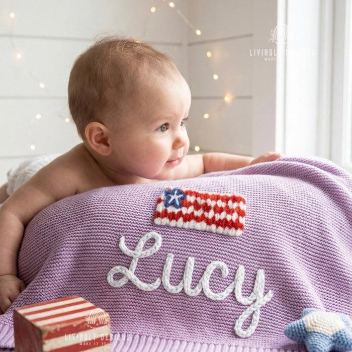 Custom USA Flag Name Blanket – Personalized Patriotic Baby Knit Throw