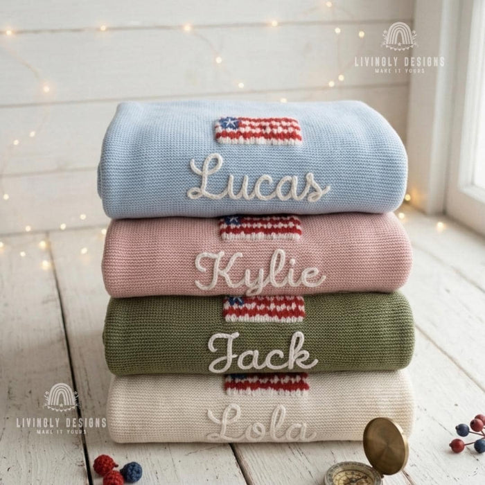 Custom USA Flag Name Blanket – Personalized Patriotic Baby Knit Throw
